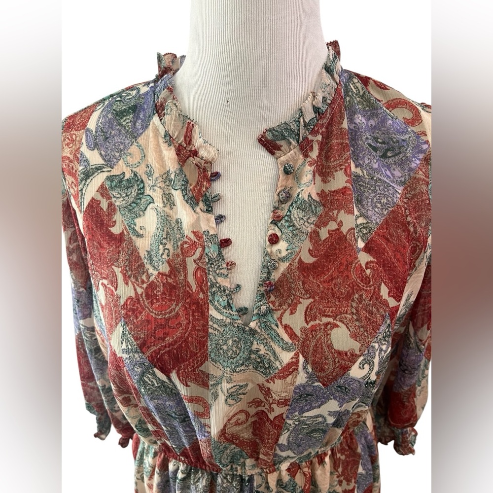Jessica Simpson Red Cream Green Purple Paisley V-Neck Peasant Tunic - Picture 2 of 6